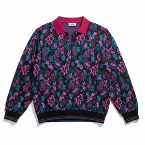 Cricket Lane Paisley Floral Knit Polo Sweater, Magenta Teal Black, Women's Large
